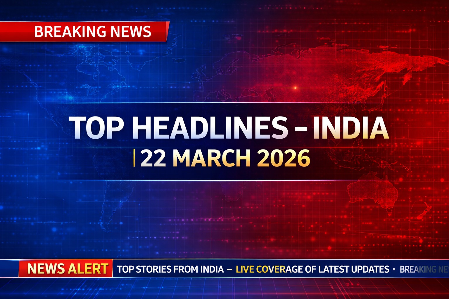 India latest news infographic showing top national headlines for 22 March 2026